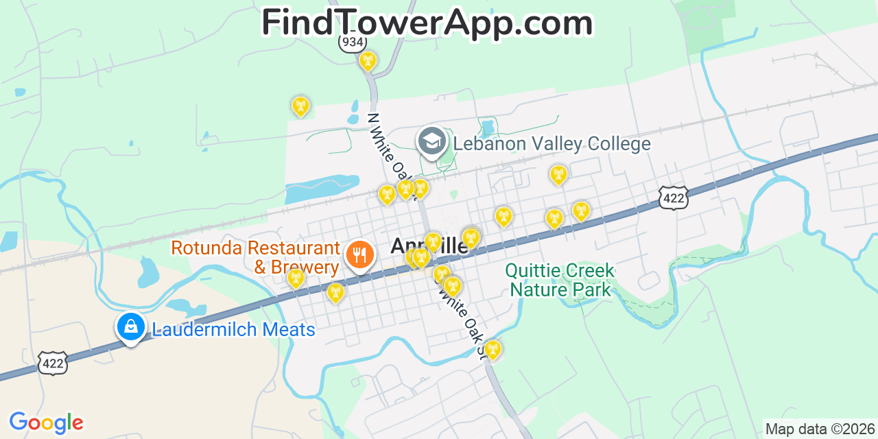 Map showing the 20 primary cell tower locations detected in Annville, Pennsylvania from AT&T, Verizon, and T-Mobile networks