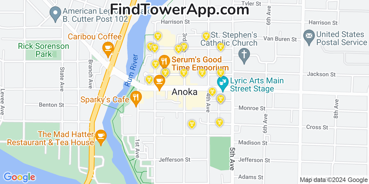 AT&T 4G/5G cell tower coverage map Anoka, Minnesota