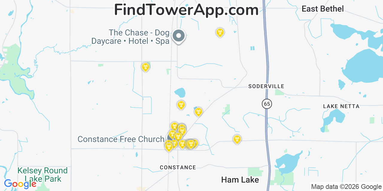Map showing the 20 primary cell tower locations detected in Anoka, Minnesota from AT&T, Verizon, and T-Mobile networks
