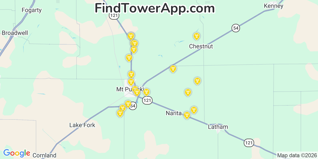 Map showing the 20 primary AT&T cell tower locations detected in Anperville, Illinois with coverage radius and signal strength indicators