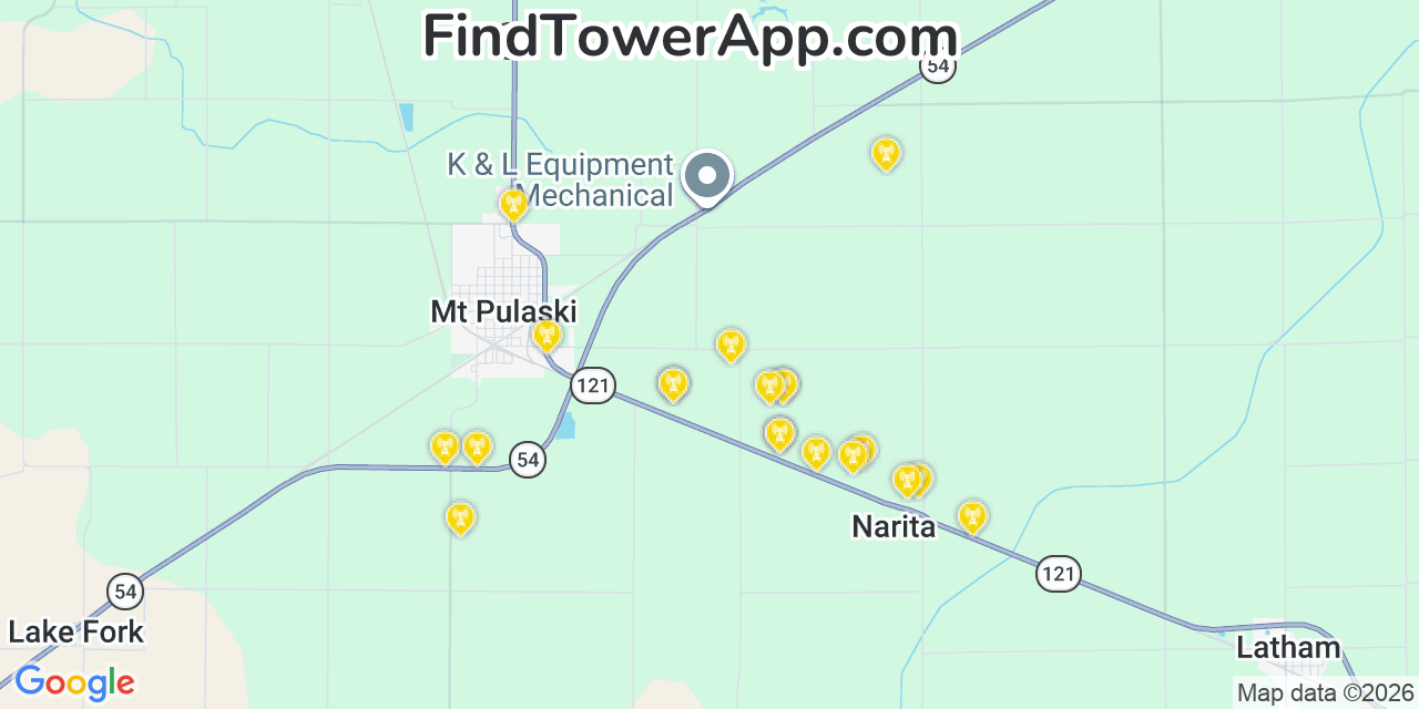 Map showing the 20 primary cell tower locations detected in Anperville, Illinois from AT&T, Verizon, and T-Mobile networks