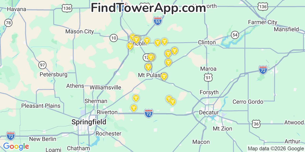 Map showing the 29 primary T-Mobile cell tower locations detected in Anperville, Illinois with coverage radius and signal strength indicators