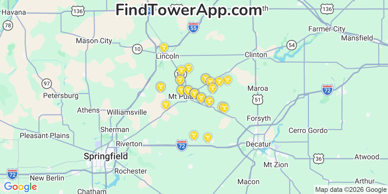 Map showing the 38 primary Verizon cell tower locations detected in Anperville, Illinois with coverage radius and signal strength indicators