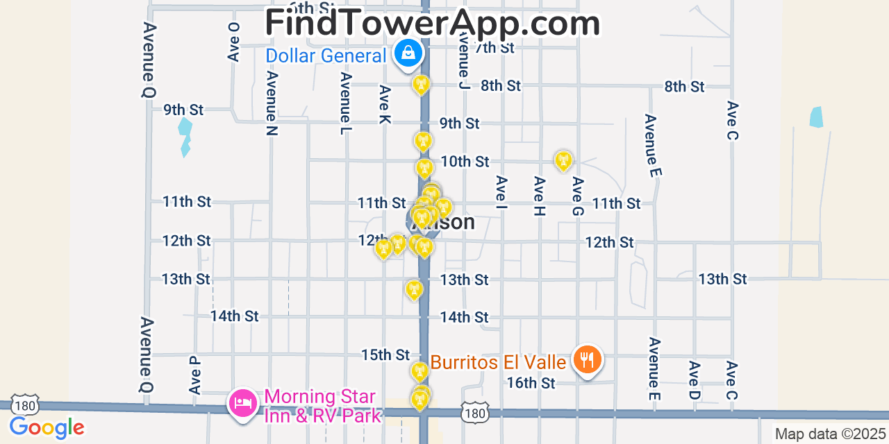 Map showing the 20 primary cell tower locations detected in Anson, Texas from AT&T, Verizon, and T-Mobile networks
