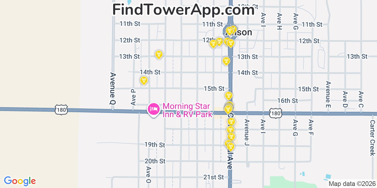 Map showing the 20 primary cell tower locations detected in Anson, Texas from AT&T, Verizon, and T-Mobile networks