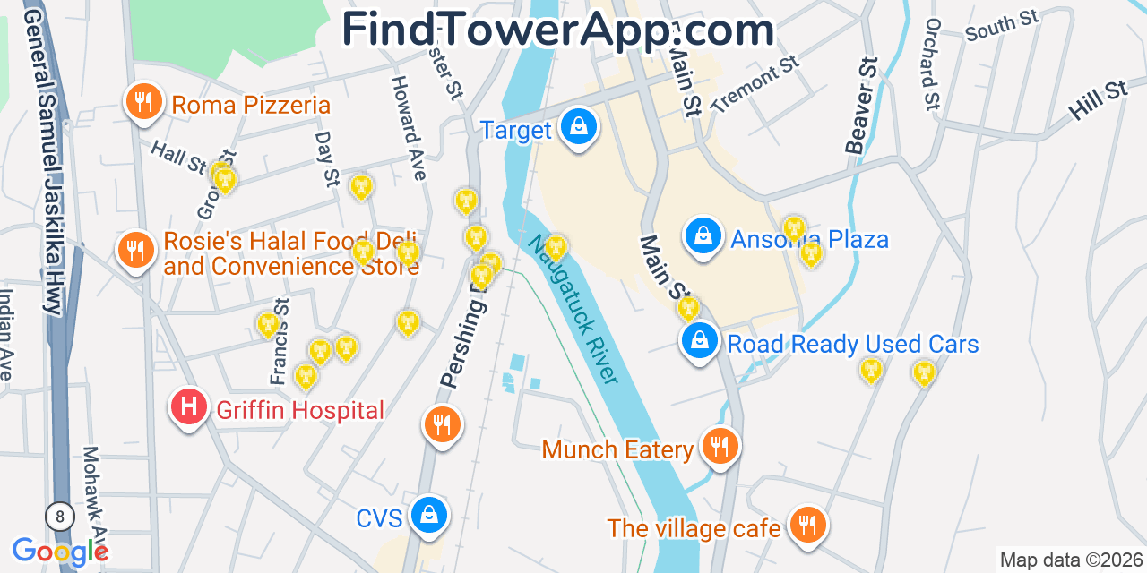 Map showing the 20 primary cell tower locations detected in Ansonia, Connecticut from AT&T, Verizon, and T-Mobile networks