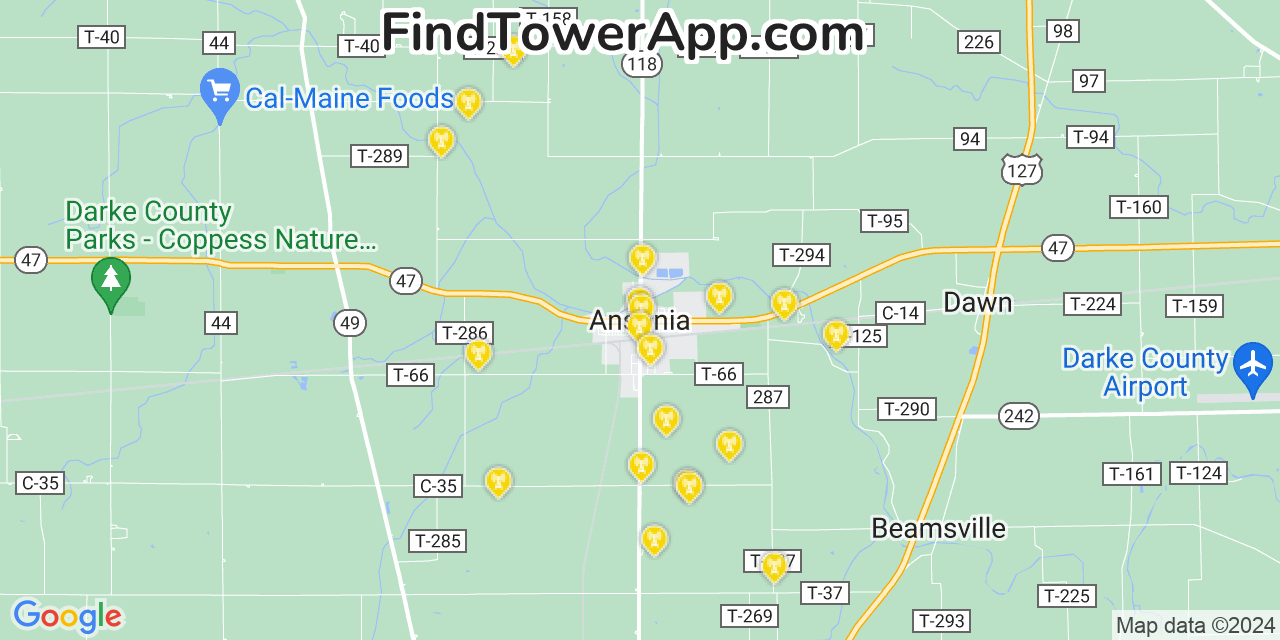 AT&T 4G/5G cell tower coverage map Ansonia, Ohio