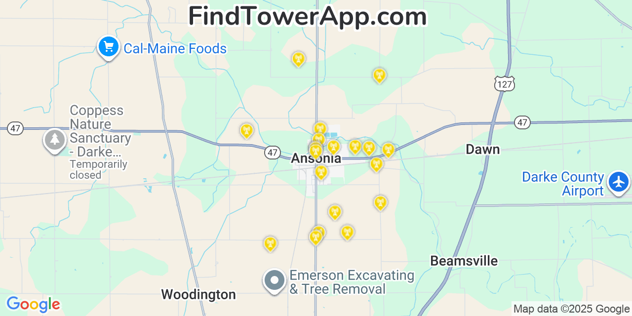 Map showing the 20 primary cell tower locations detected in Ansonia, Ohio from AT&T, Verizon, and T-Mobile networks