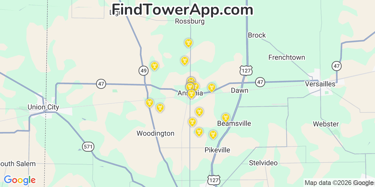 Map showing the 20 primary cell tower locations detected in Ansonia, Ohio from AT&T, Verizon, and T-Mobile networks