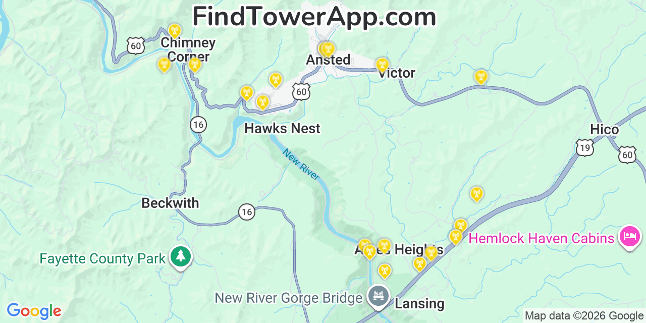 Map showing the 20 primary cell tower locations detected in Ansted, West Virginia from AT&T, Verizon, and T-Mobile networks