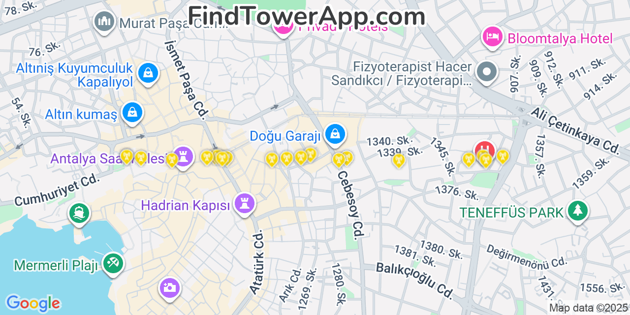 Map showing the 20 primary cell tower locations detected in Antalya, Turkey with coverage areas and signal strength