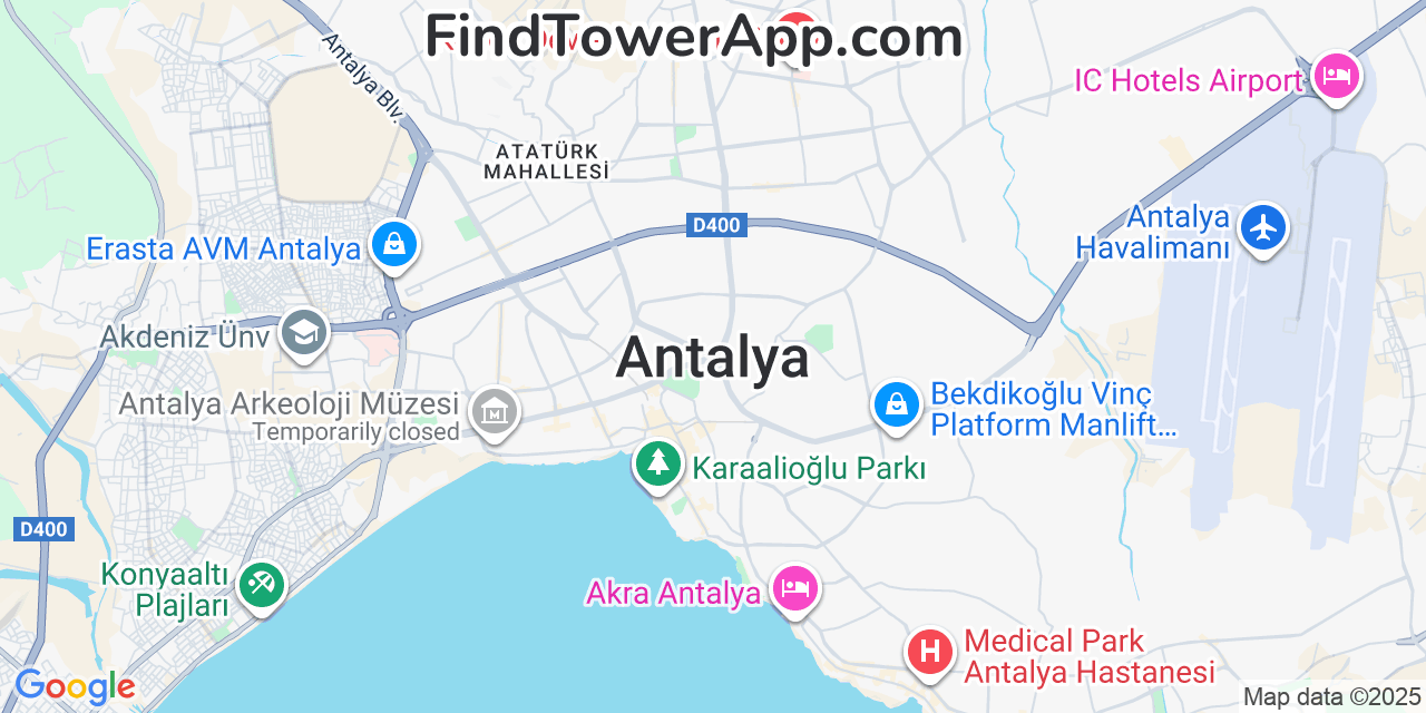 Map showing the 0 primary Türk-Telekom cell tower locations detected in Antalya, Turkey with coverage radius and signal strength indicators