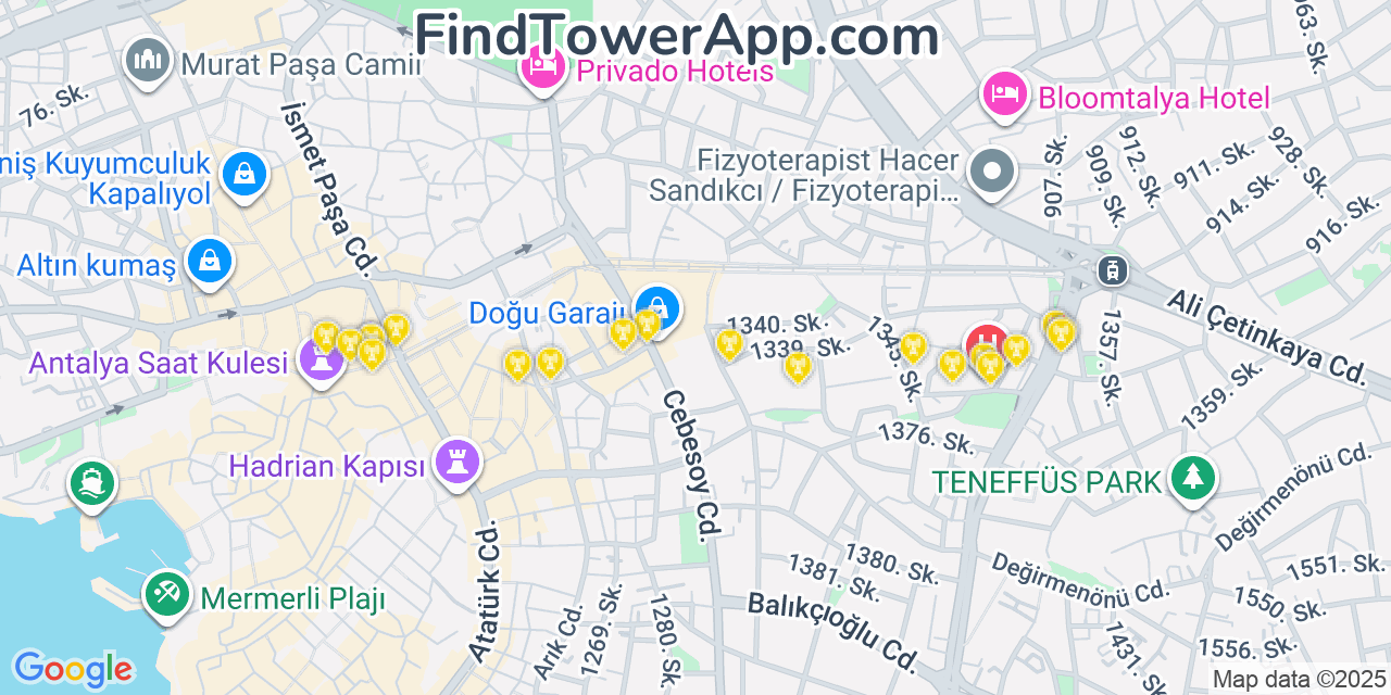 Map showing the 20 primary Türk Telekom cell tower locations in Antalya, Turkey