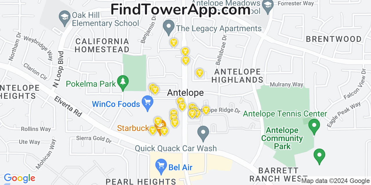 AT&T 4G/5G cell tower coverage map Antelope, California