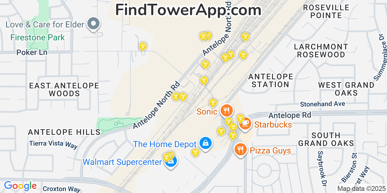 Map showing the 20 primary cell tower locations detected in Antelope, California from AT&T, Verizon, and T-Mobile networks
