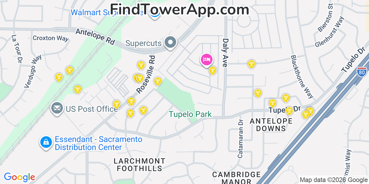 Map showing the 20 primary cell tower locations detected in Antelope, California from AT&T, Verizon, and T-Mobile networks