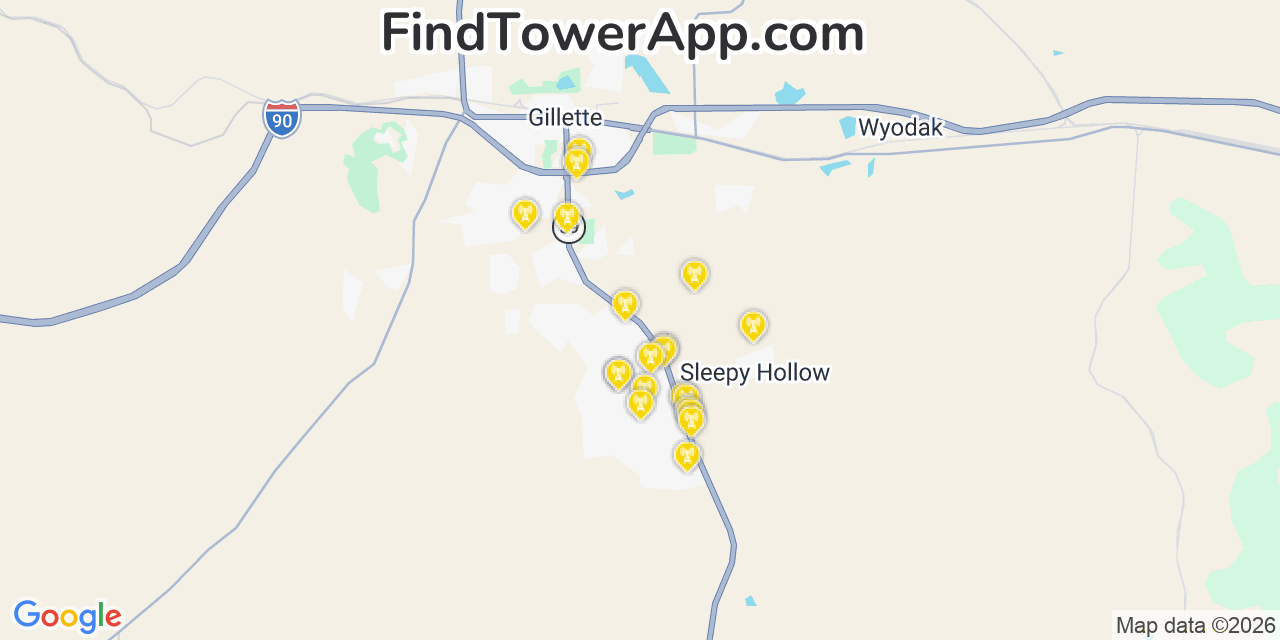 Map showing the 20 primary cell tower locations detected in Antelope Valley Crestview, Wyoming from AT&T, Verizon, and T-Mobile networks