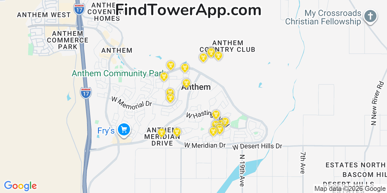 Map showing the 20 primary cell tower locations detected in Anthem, Arizona from AT&T, Verizon, and T-Mobile networks