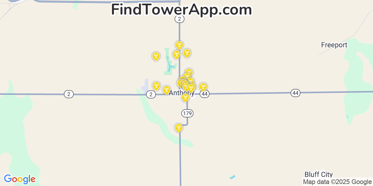Map showing the 20 primary cell tower locations detected in Anthony, Kansas from AT&T, Verizon, and T-Mobile networks