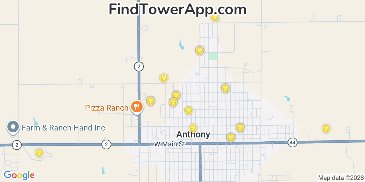 Map showing the 20 primary cell tower locations detected in Anthony, Kansas from AT&T, Verizon, and T-Mobile networks
