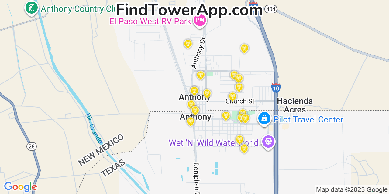 Map showing the 20 primary cell tower locations detected in Anthony, New Mexico from AT&T, Verizon, and T-Mobile networks