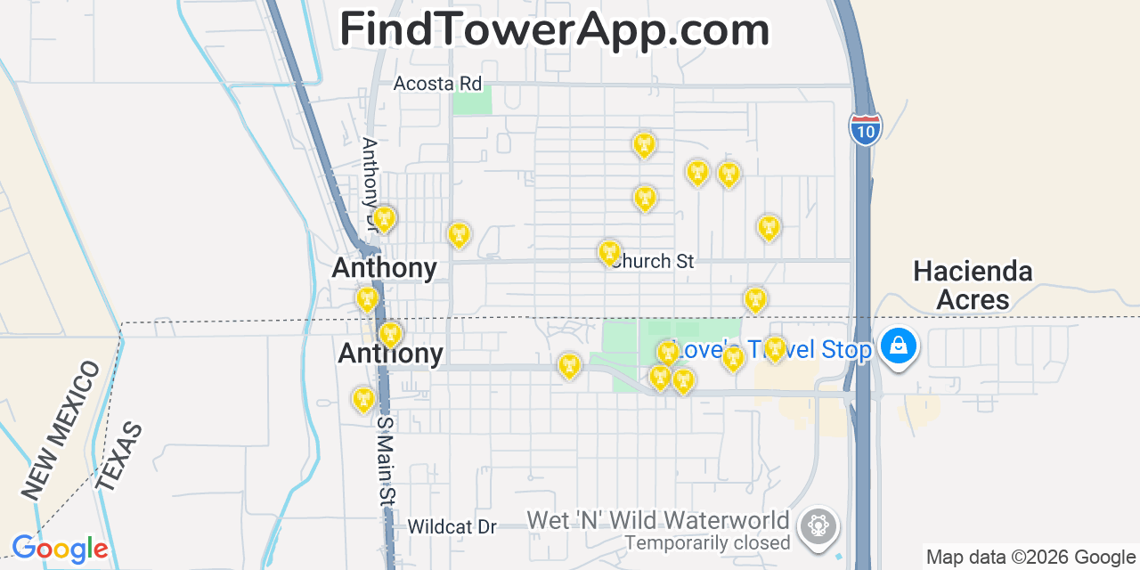 Map showing the 20 primary cell tower locations detected in Anthony, New Mexico from AT&T, Verizon, and T-Mobile networks