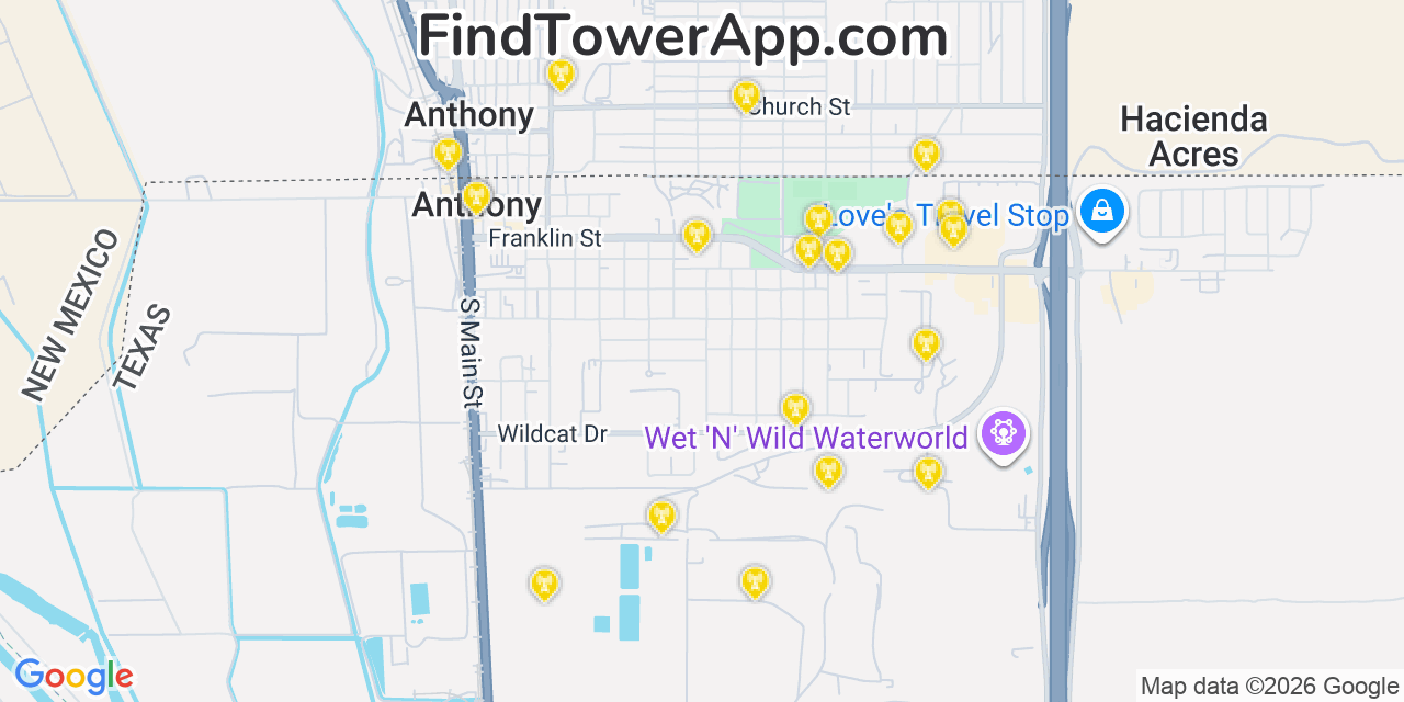 Map showing the 20 primary cell tower locations detected in Anthony, Texas from AT&T, Verizon, and T-Mobile networks
