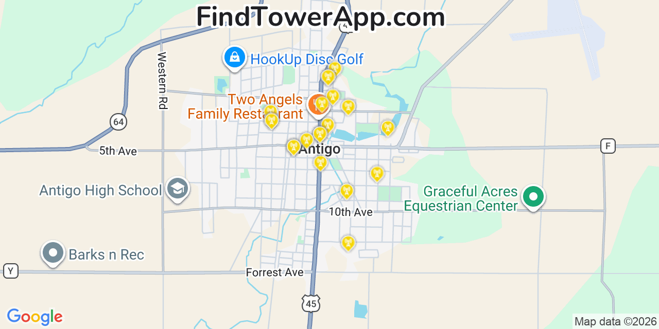 Map showing the 20 primary cell tower locations detected in Antigo, Wisconsin from AT&T, Verizon, and T-Mobile networks