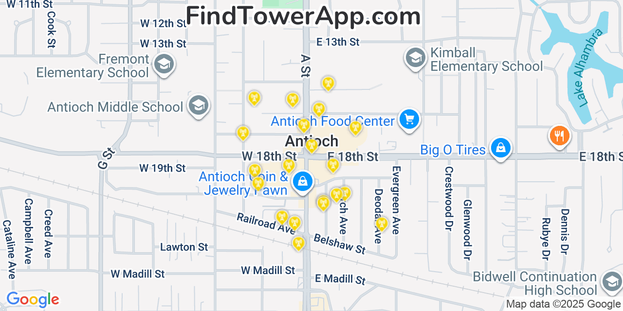 Map showing the 20 primary cell tower locations detected in Antioch, California from AT&T, Verizon, and T-Mobile networks