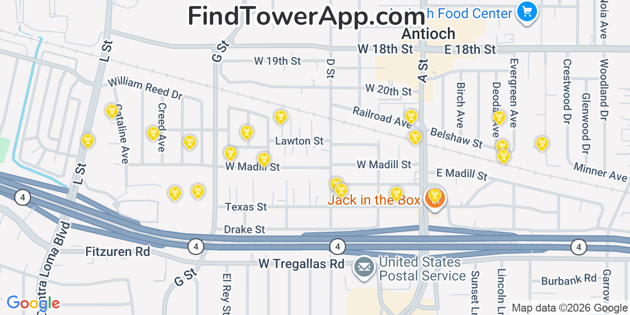 Map showing the 20 primary cell tower locations detected in Antioch, California from AT&T, Verizon, and T-Mobile networks