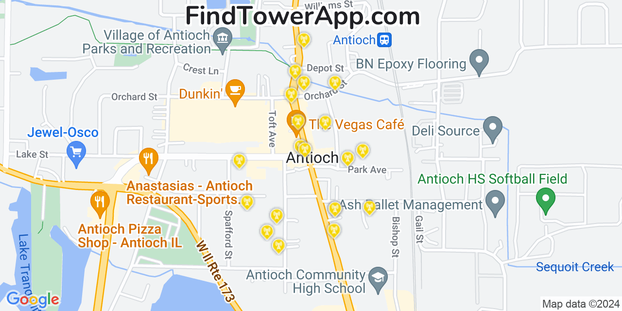 AT&T 4G/5G cell tower coverage map Antioch, Illinois