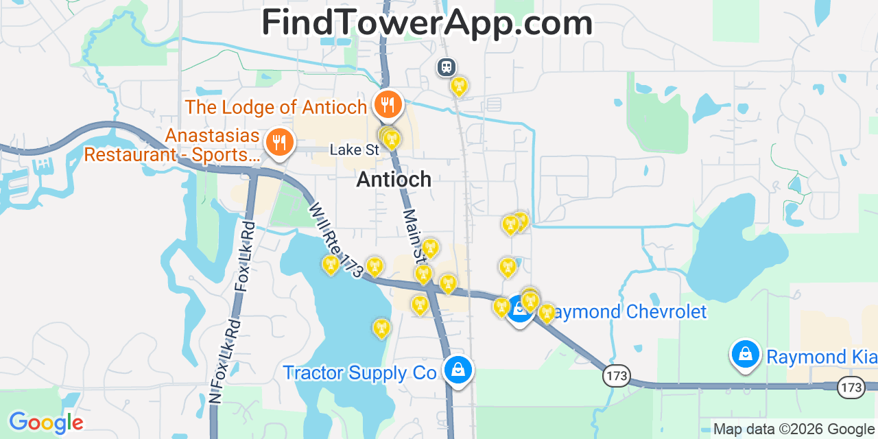 Map showing the 20 primary cell tower locations detected in Antioch, Illinois from AT&T, Verizon, and T-Mobile networks