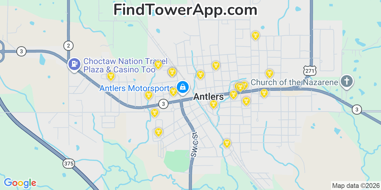 Map showing the 20 primary cell tower locations detected in Antlers, Oklahoma from AT&T, Verizon, and T-Mobile networks