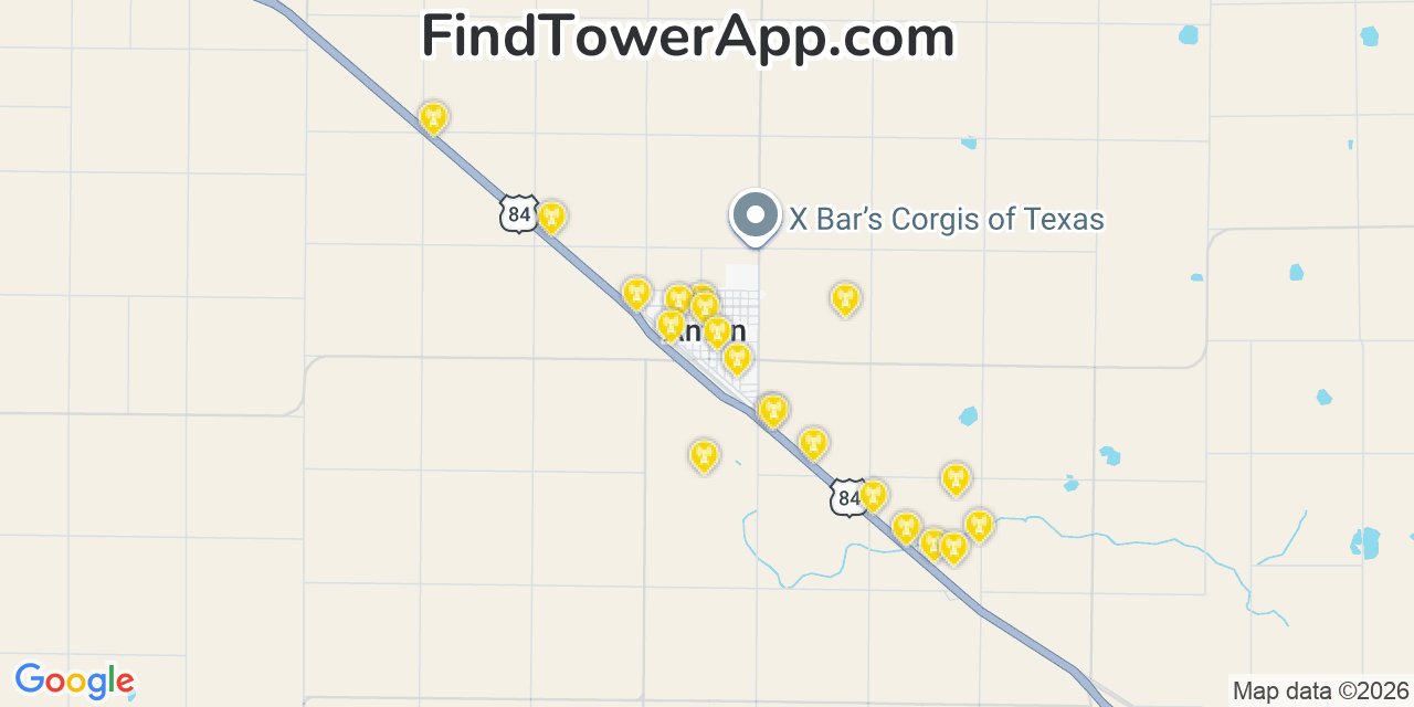 Map showing the 20 primary cell tower locations detected in Anton, Texas from AT&T, Verizon, and T-Mobile networks