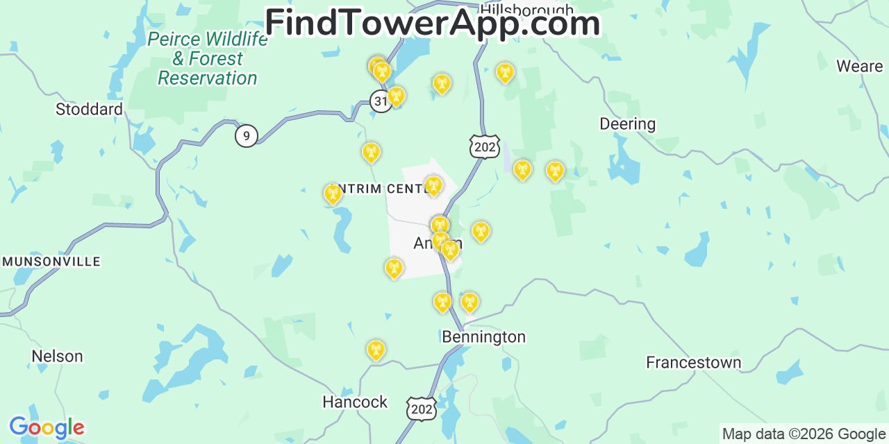 Map showing the 20 primary cell tower locations detected in Antrim, New Hampshire from AT&T, Verizon, and T-Mobile networks