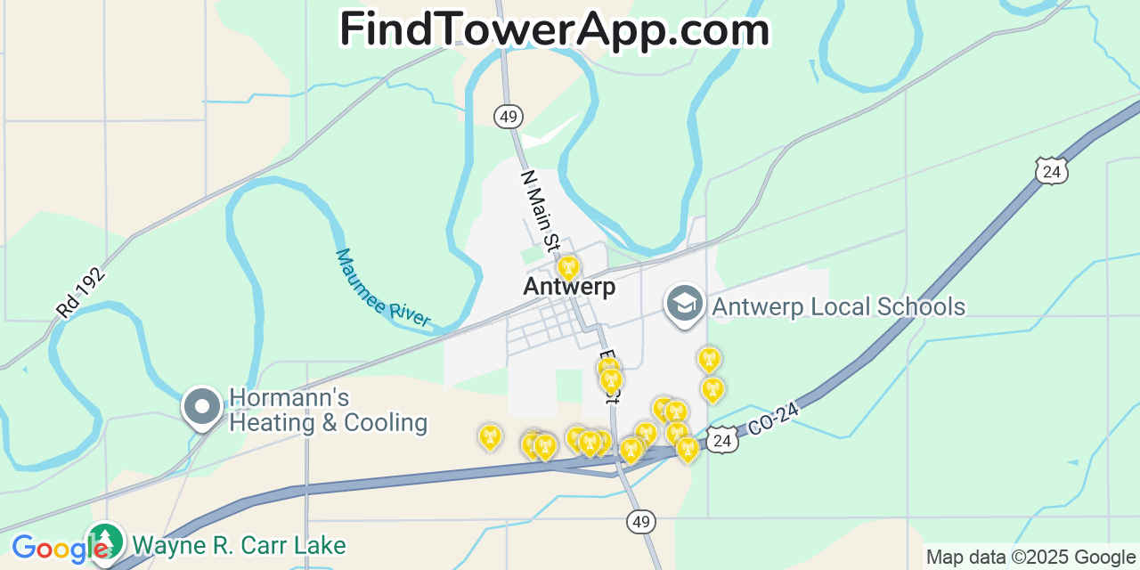 Map showing the 20 primary cell tower locations detected in Antwerp, Ohio from AT&T, Verizon, and T-Mobile networks