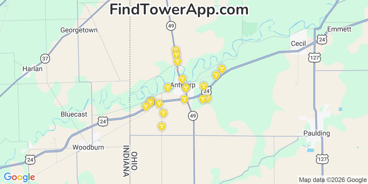 Map showing the 20 primary cell tower locations detected in Antwerp, Ohio from AT&T, Verizon, and T-Mobile networks