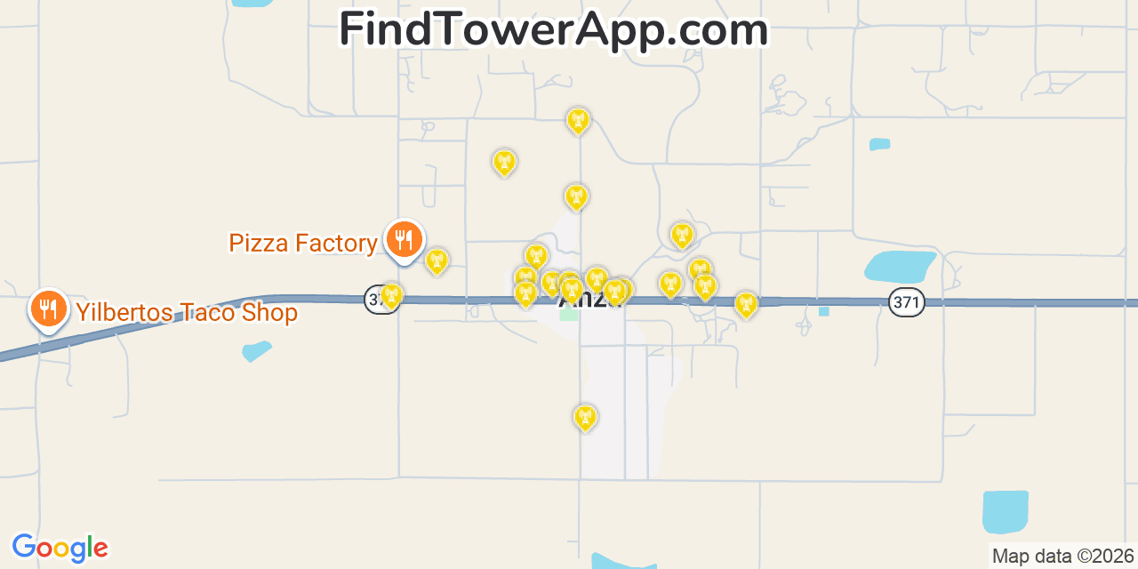 Map showing the 20 primary cell tower locations detected in Anza, California from AT&T, Verizon, and T-Mobile networks