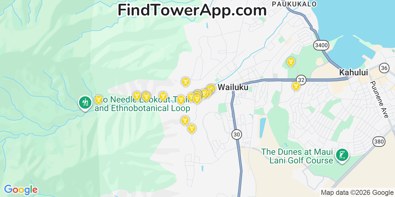 Map showing the 20 primary cell tower locations detected in Åœmao, Hawaii from AT&T, Verizon, and T-Mobile networks