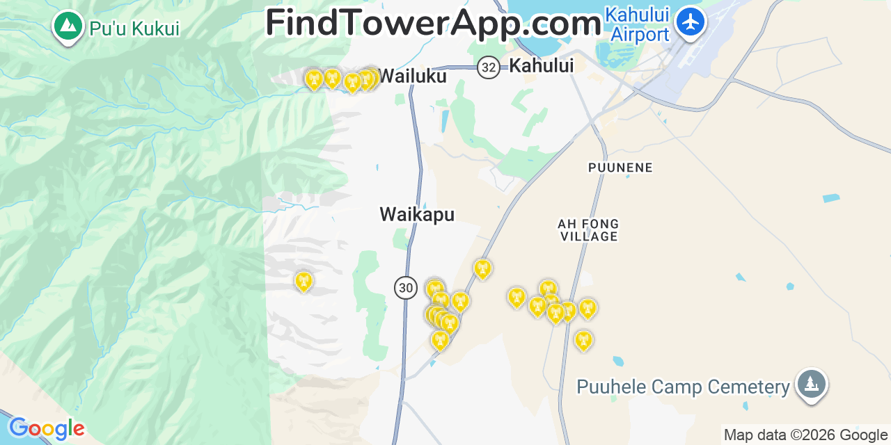 Map showing the 27 primary T-Mobile cell tower locations detected in Åœmao, Hawaii with coverage radius and signal strength indicators