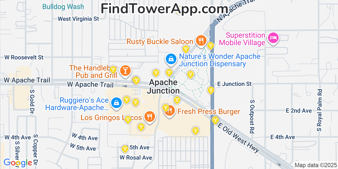 Map showing the 20 primary cell tower locations detected in Apache Junction, Arizona from AT&T, Verizon, and T-Mobile networks