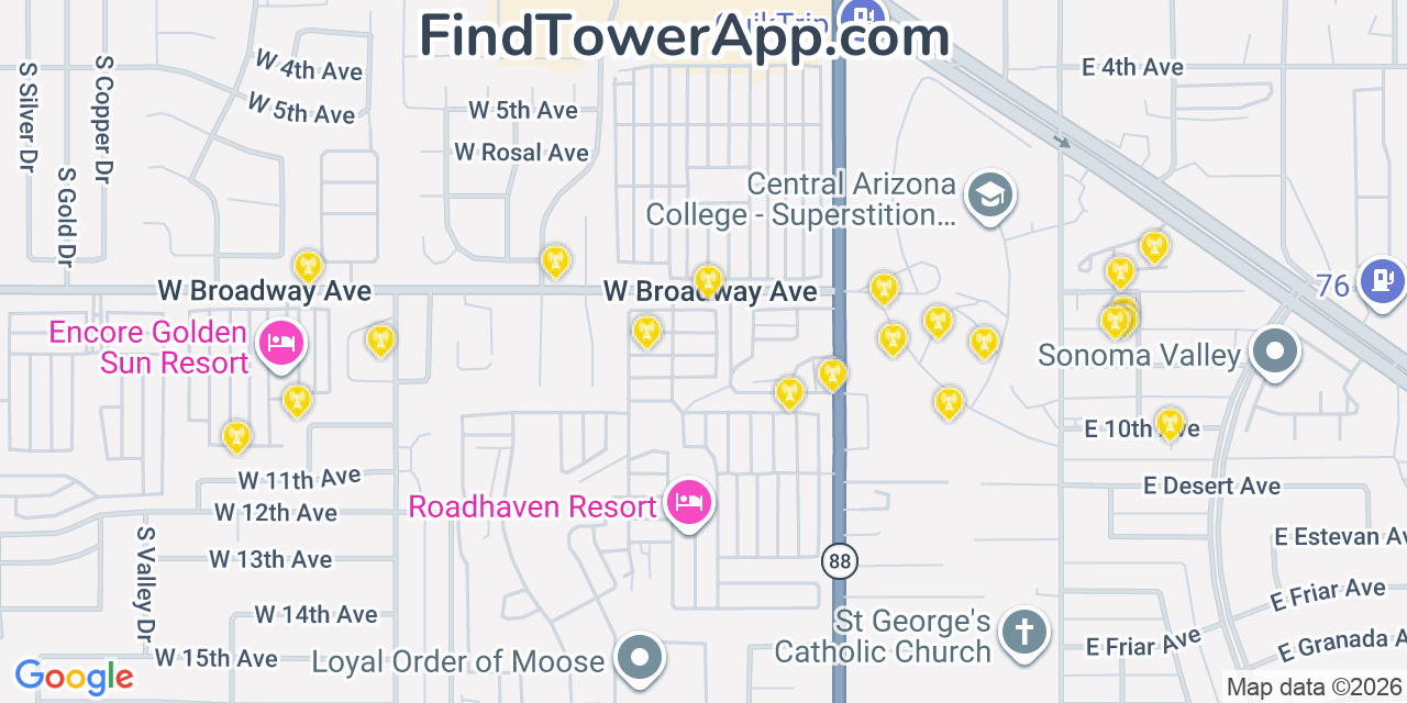 Map showing the 20 primary cell tower locations detected in Apache Junction, Arizona from AT&T, Verizon, and T-Mobile networks