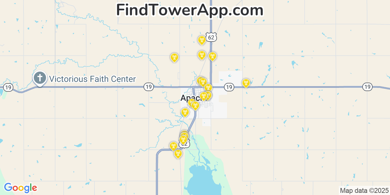 Map showing the 20 primary cell tower locations detected in Apache, Oklahoma from AT&T, Verizon, and T-Mobile networks