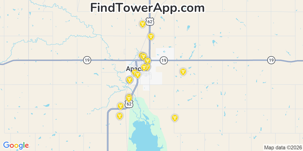 Map showing the 20 primary cell tower locations detected in Apache, Oklahoma from AT&T, Verizon, and T-Mobile networks
