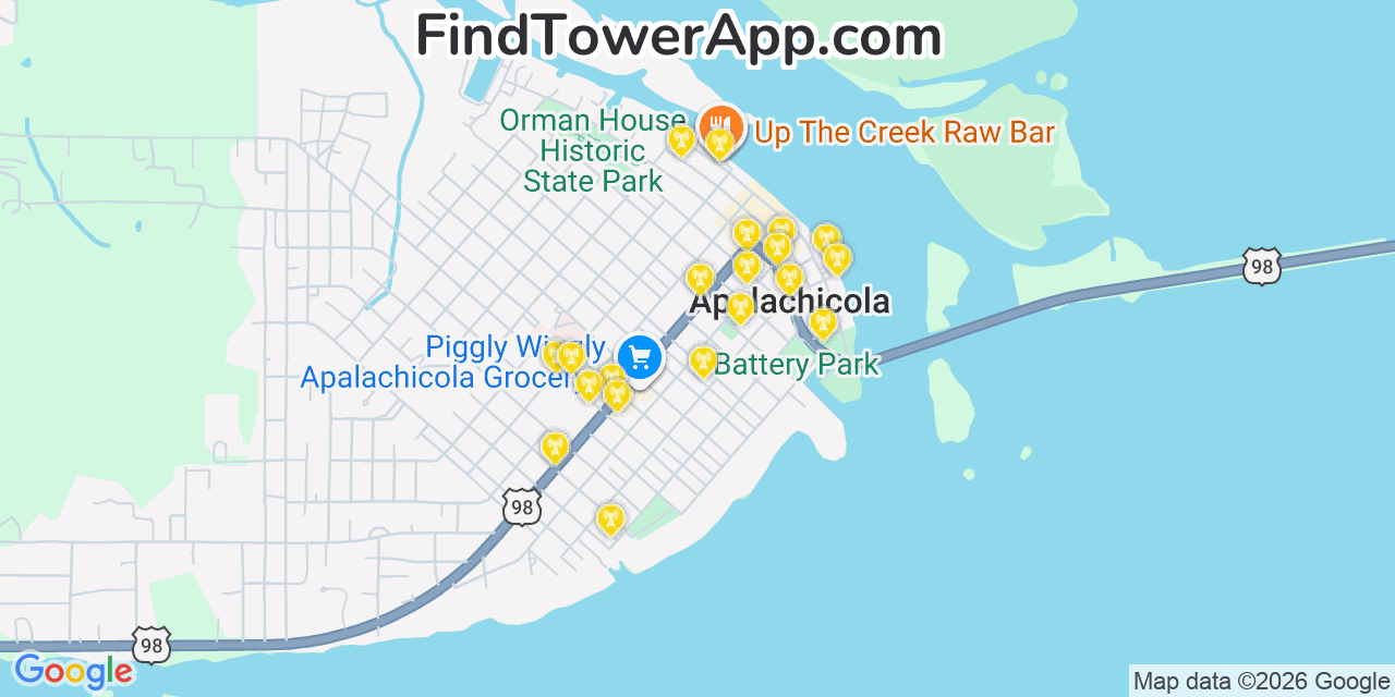 Map showing the 20 primary cell tower locations detected in Apalachicola, Florida from AT&T, Verizon, and T-Mobile networks