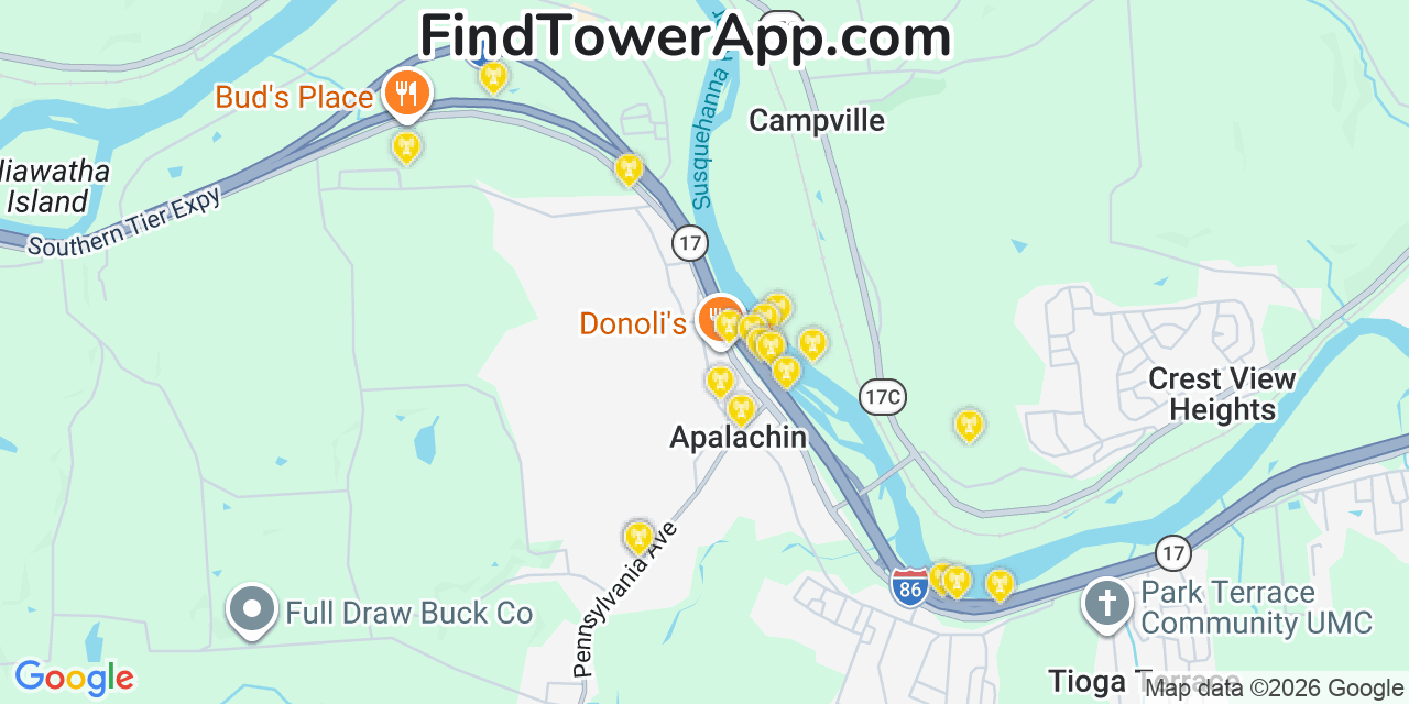 Map showing the 20 primary cell tower locations detected in Apalachin, New York from AT&T, Verizon, and T-Mobile networks