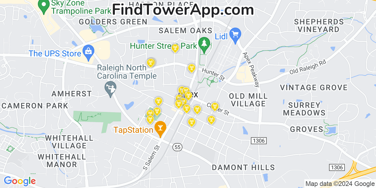 AT&T 4G/5G cell tower coverage map Apex, North Carolina