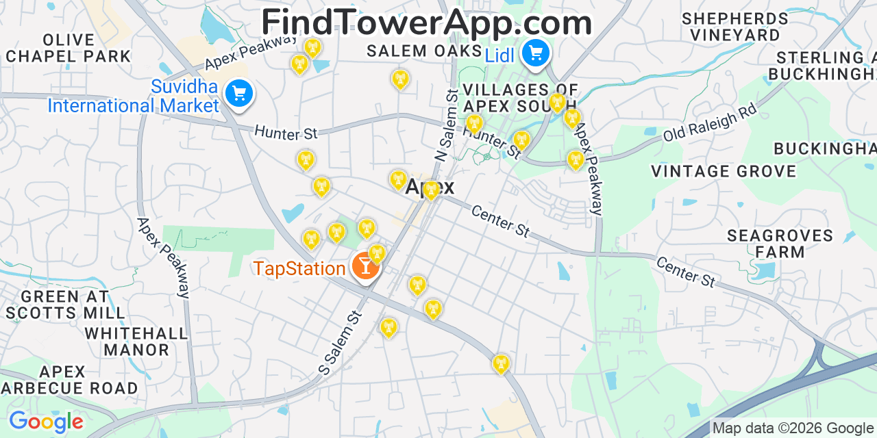 Map showing the 20 primary cell tower locations detected in Apex, North Carolina from AT&T, Verizon, and T-Mobile networks