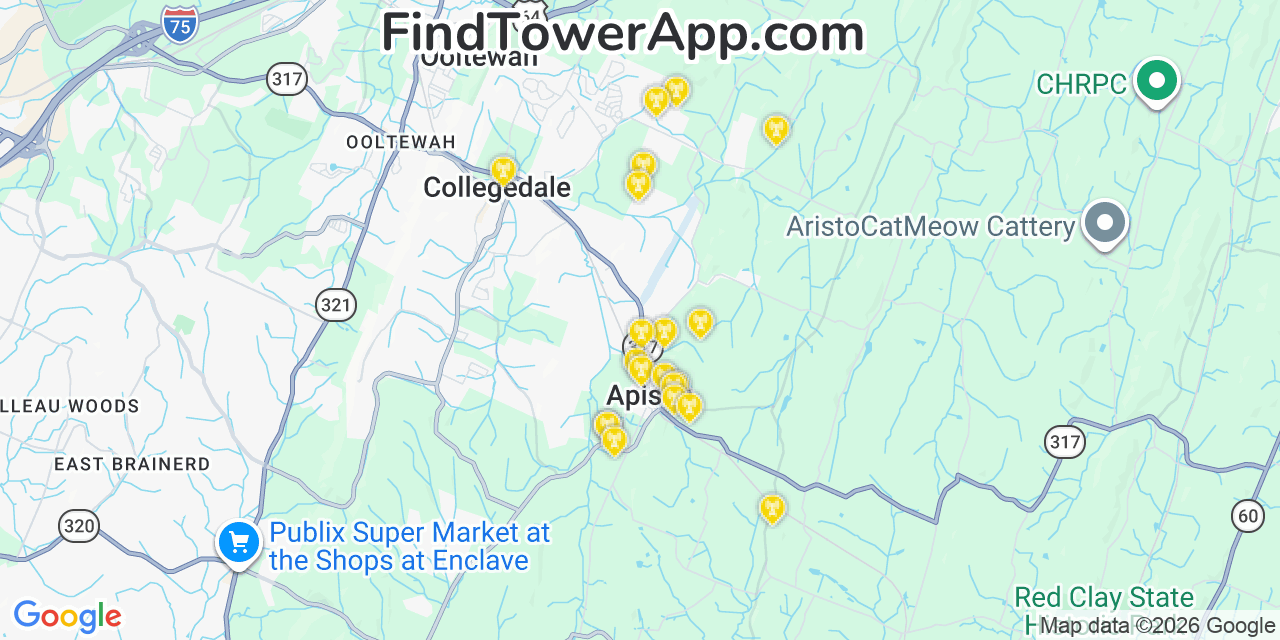 Map showing the 20 primary cell tower locations detected in Apison, Tennessee from AT&T, Verizon, and T-Mobile networks