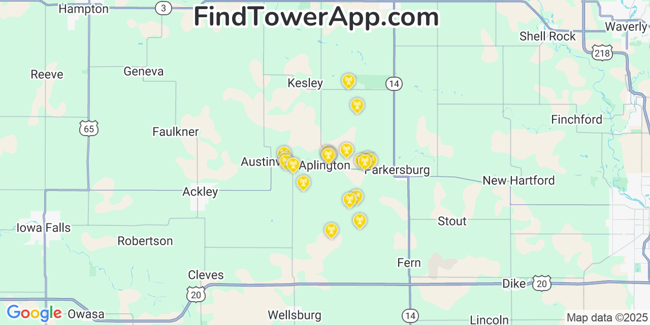 Map showing the 20 primary cell tower locations detected in Aplington, Iowa from AT&T, Verizon, and T-Mobile networks